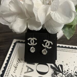 CHANEL Silver-Tone Crystal CC Drop Earrings
